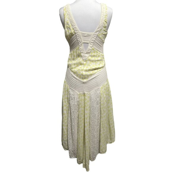 Anthropology Leifnotes Bird Print Midi Patchwork Eyelet Lemon White Dress Sz 0 - Picture 5 of 8